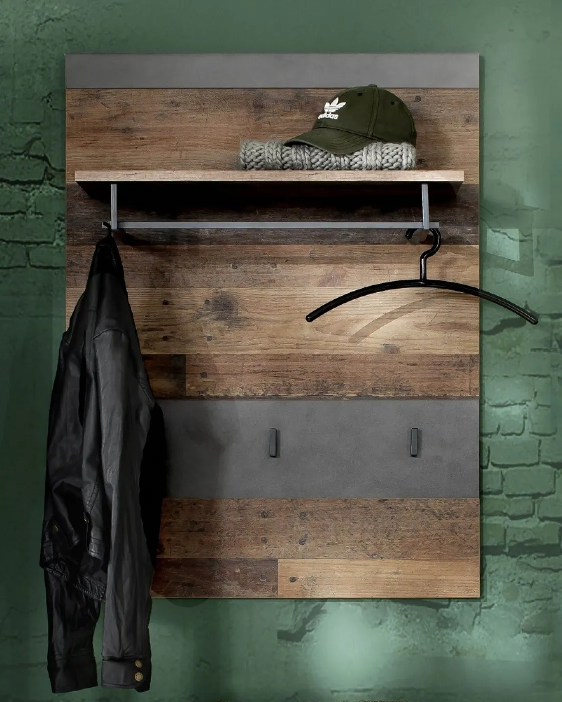 Garderoben-Set Indy 1 | Old Used Wood / Matera grau | 2-teilig | Shabby Look mit Sitzkissen