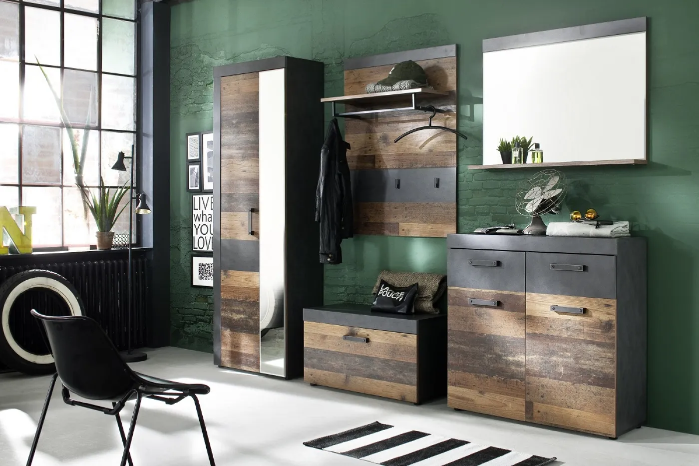 Garderoben-Set Indy | Old Used Wood / Matera grau | 5-teilig | Shabby Look