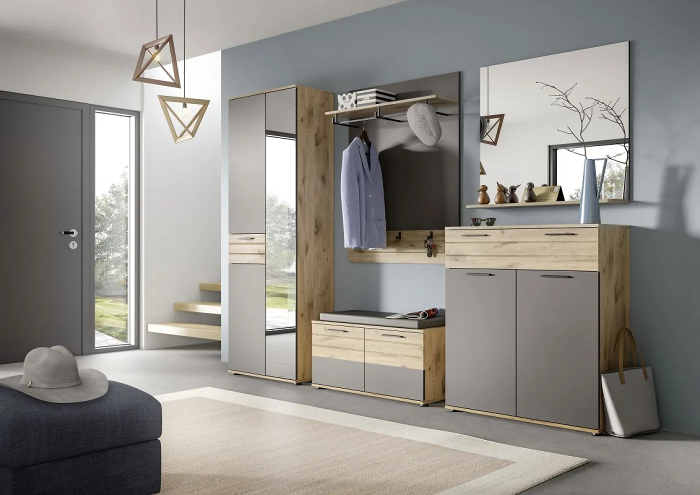 Garderoben-Set Mason | Nox Oak / Basalt Grau | 3-teilig mit Sitzkissen