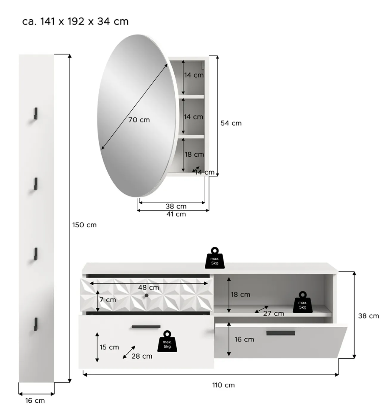 Garderoben-Set Prisma 3 | weiß / weiß Hochglanz | 3-teilig | mit Lichtprofil