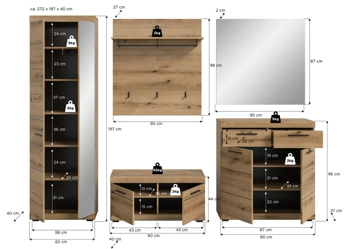 Garderoben-Set Scout | Evoke Oak | 5-teilig