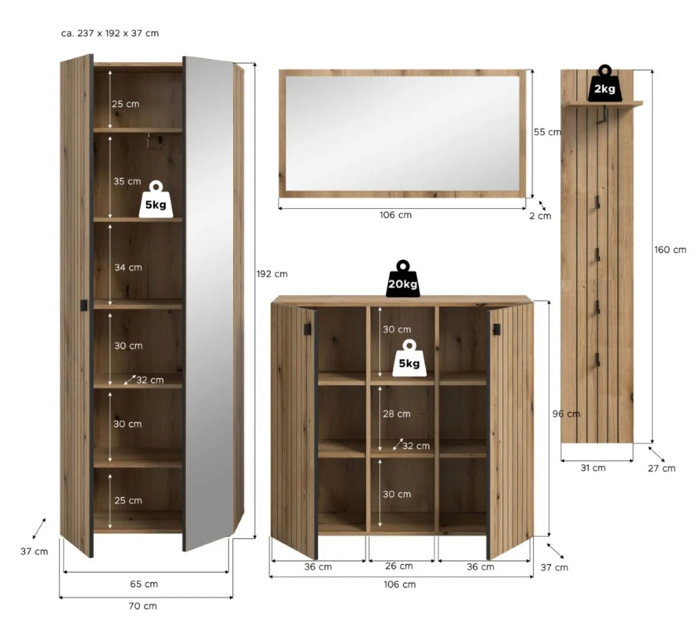 Garderoben-Set Station 4 | Evoke Eiche | 4-teilig