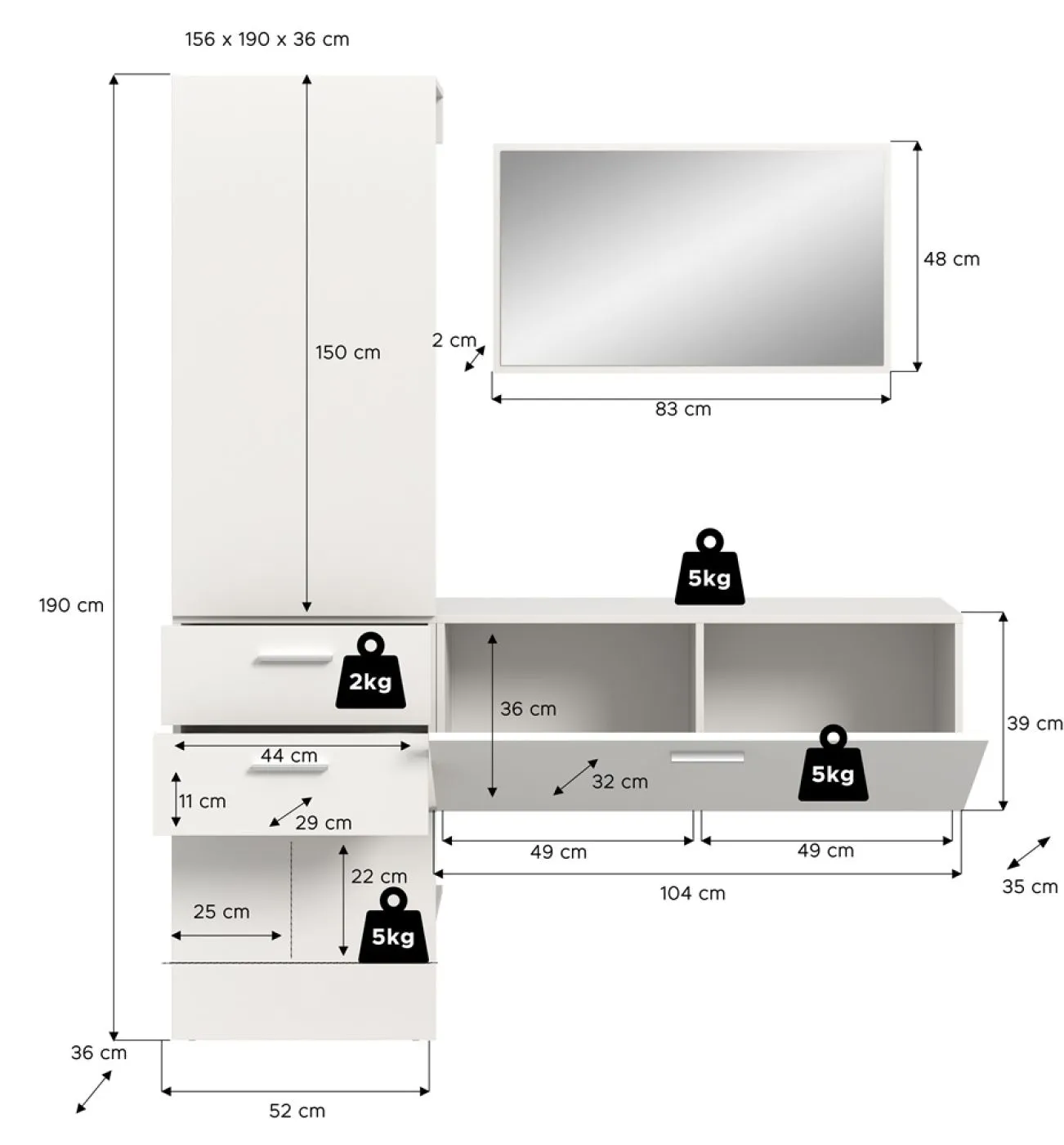 Garderoben-Set Vaga 2 | 3-teilig | weiß