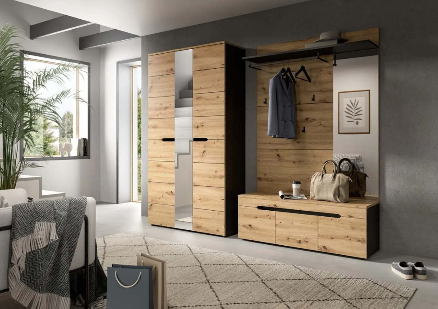Garderobenpaneel Canu mit Spiegel 1 | Artisan / Basalt grau