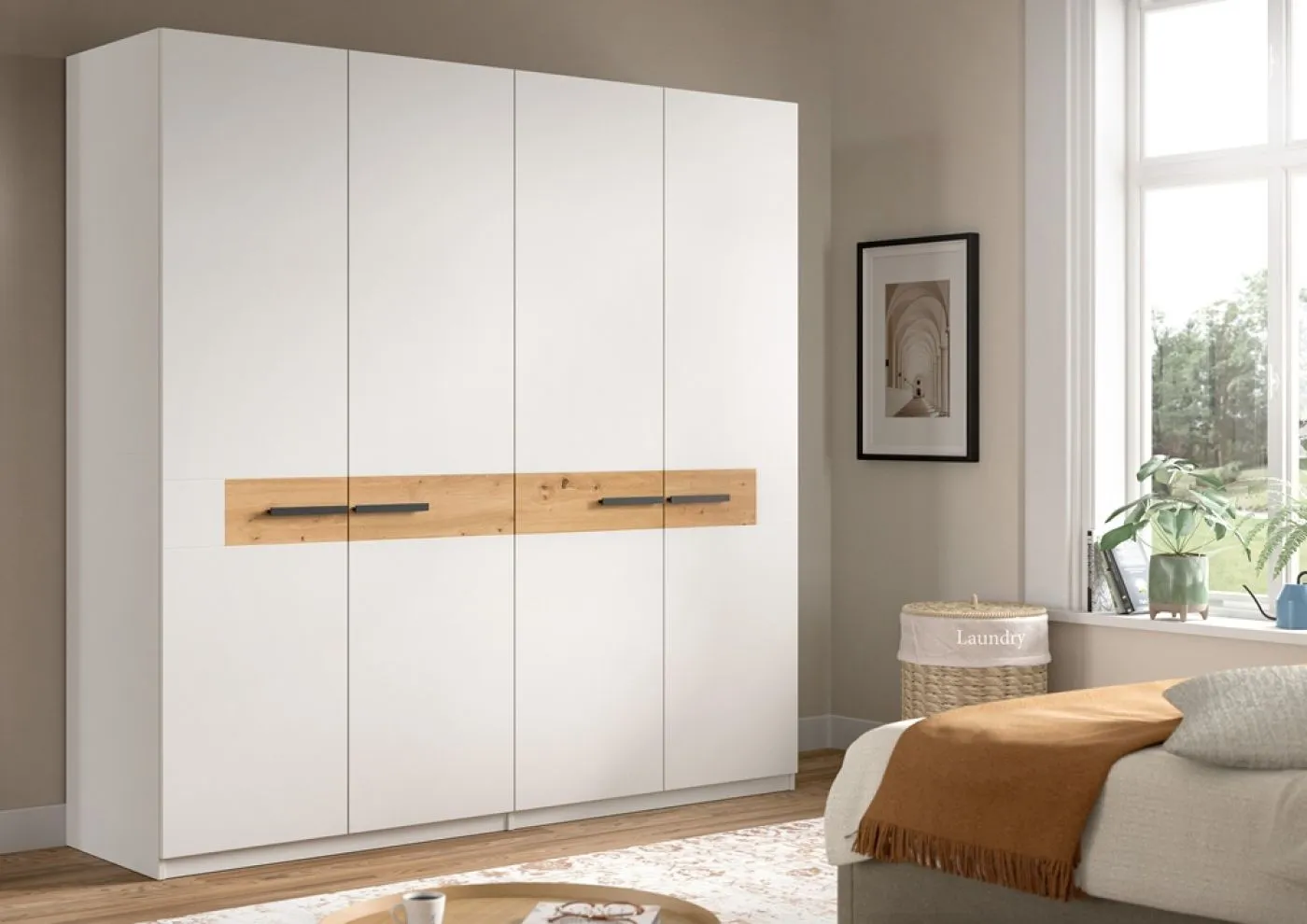 Garderobenschrank Kleiderschrank Stanga | Weiß / Artisan Eiche
