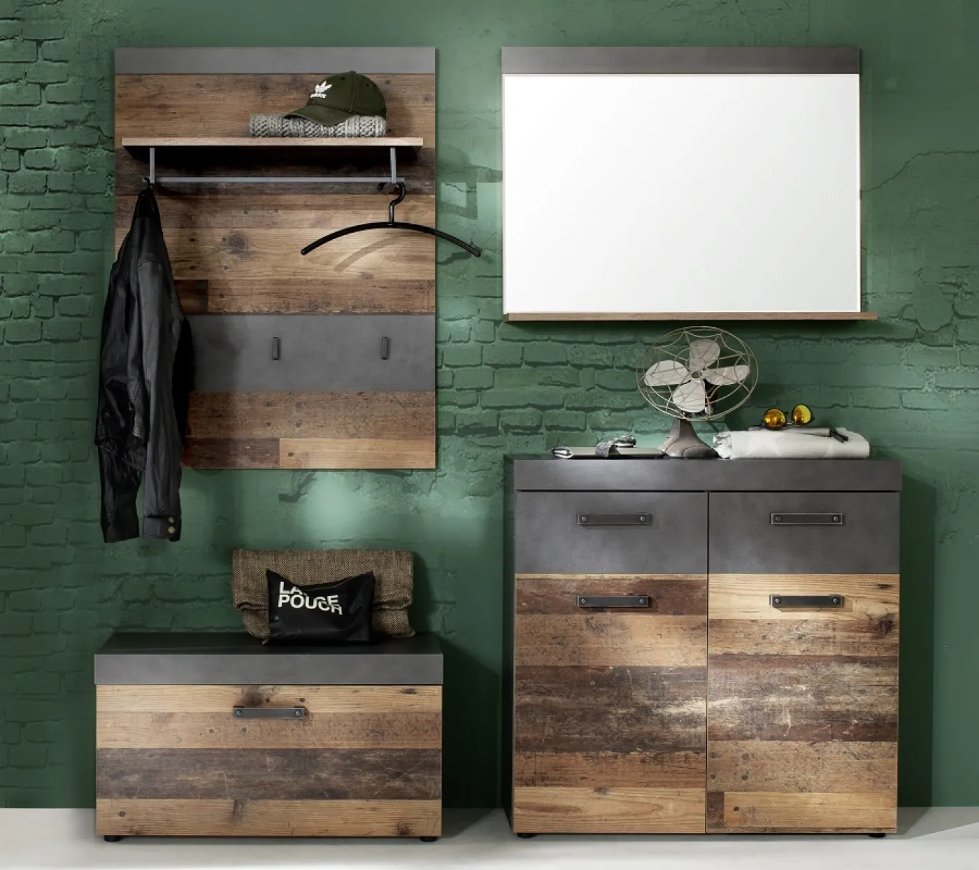 Garderobenspiegel Wandspiegel Indy | Old Used Wood / Matera grau | Shabby Look