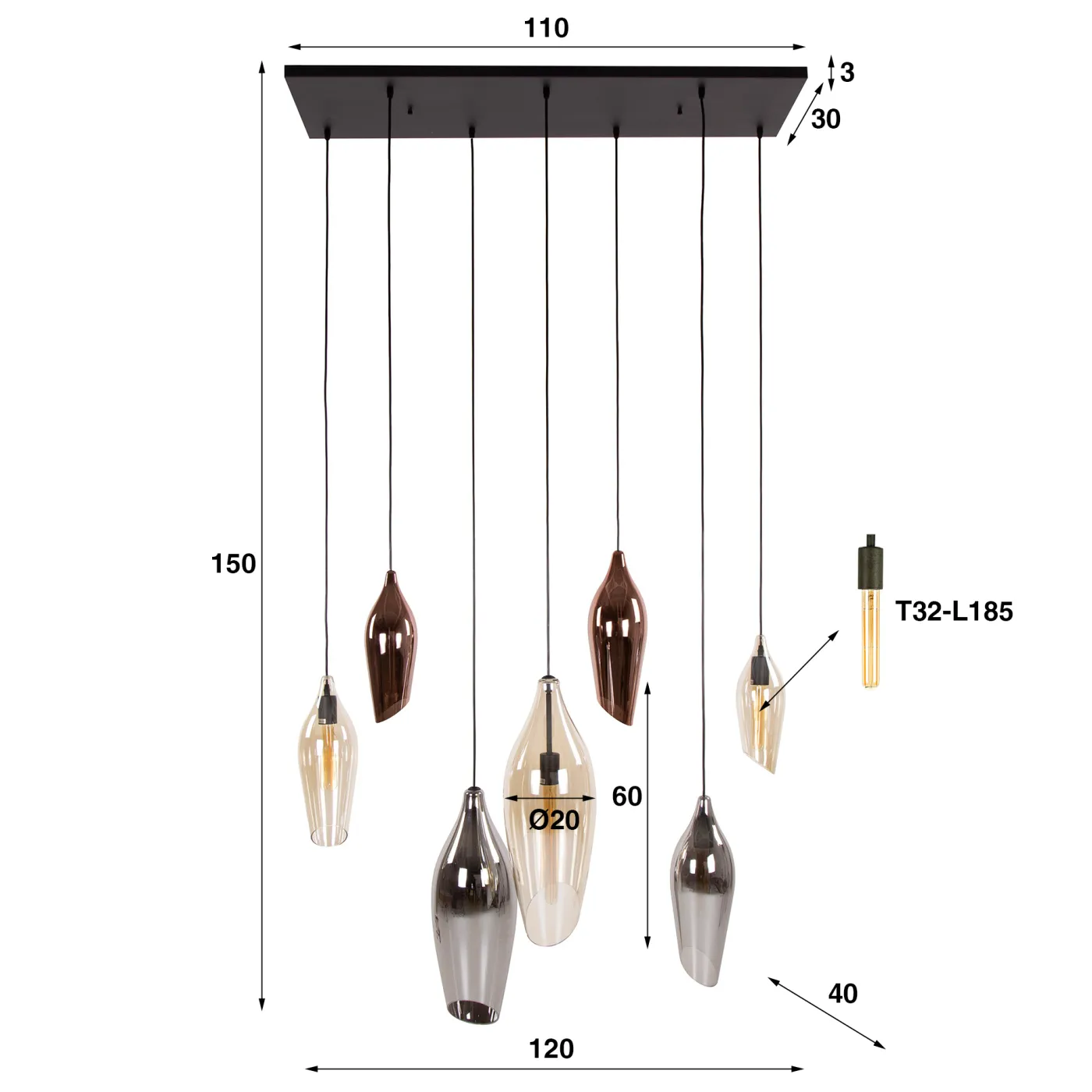 Hängelampe Mayu | 7 Leuchten | Glas | Bernstein / Chrom / Kupfer