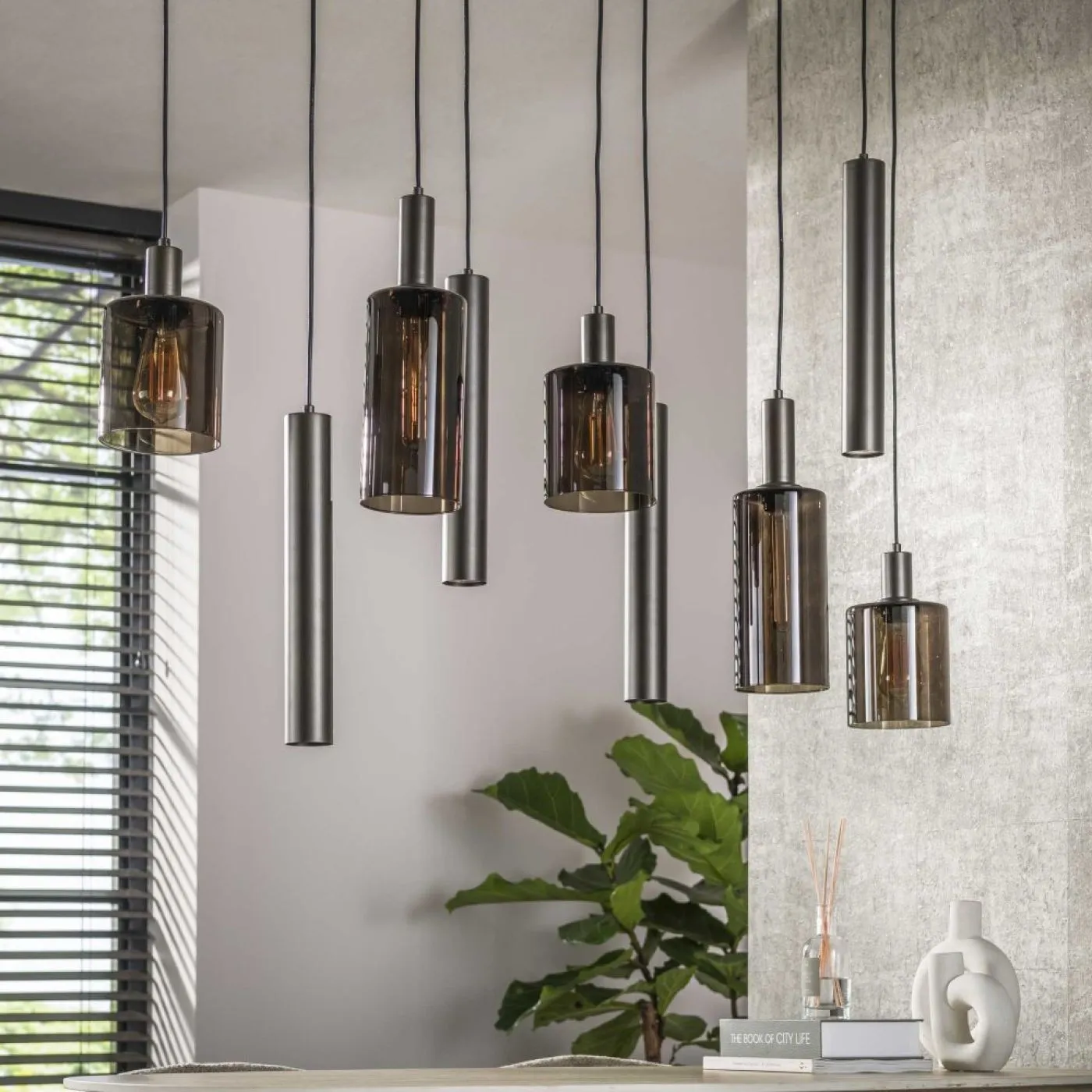 Hängelampe Sierra | 5 + 4 Fassungen | Glas / Metall | Sienna braun