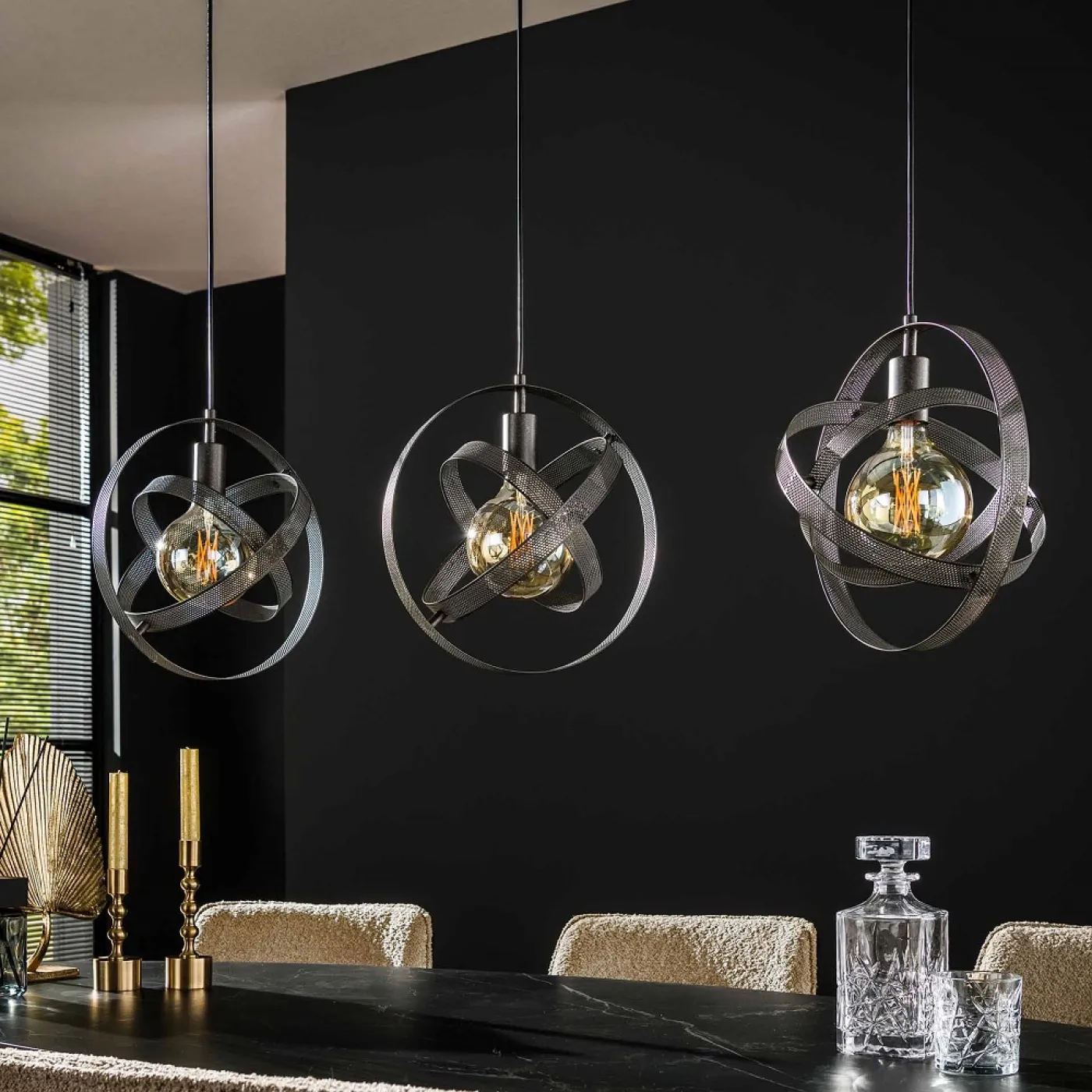 Hängelampe Yubiwa 3 Leuchten | Metallschirme | schwarz