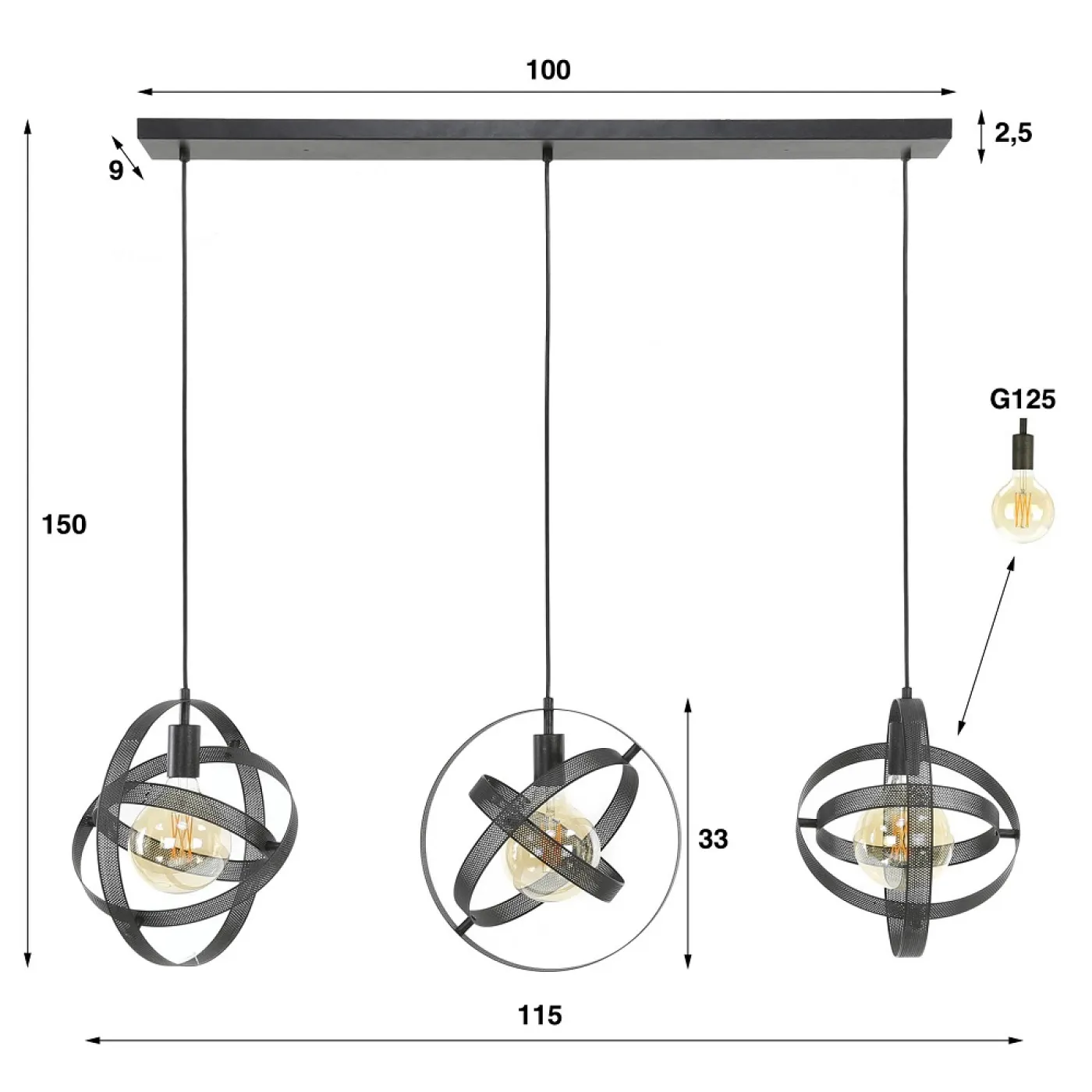 Hängelampe Yubiwa 3 Leuchten | Metallschirme | schwarz