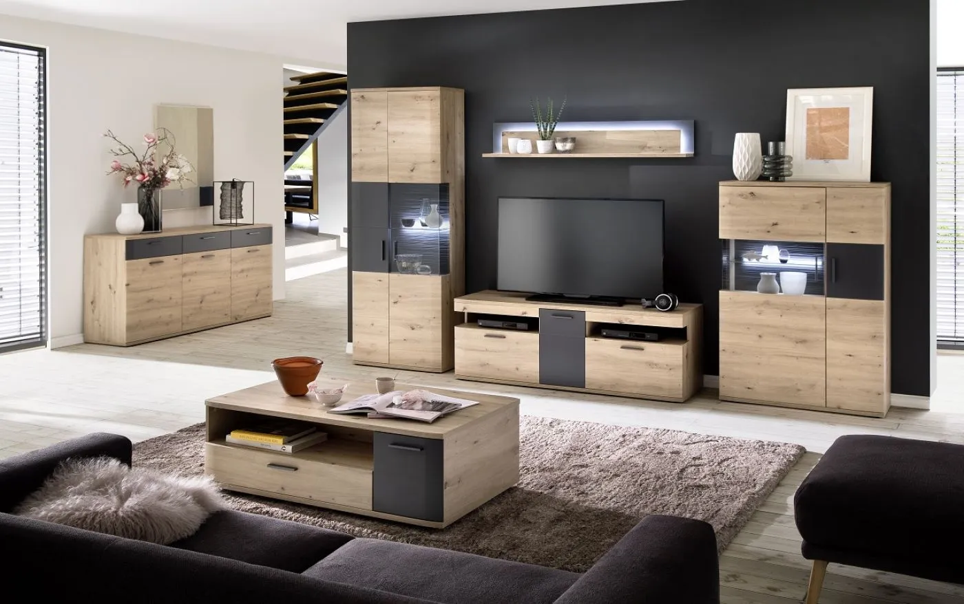 Highboard Cortona 2 | Balkeneiche / anthrazit | mit 1er Set LED Rückwandbeleuchtung 45 cm