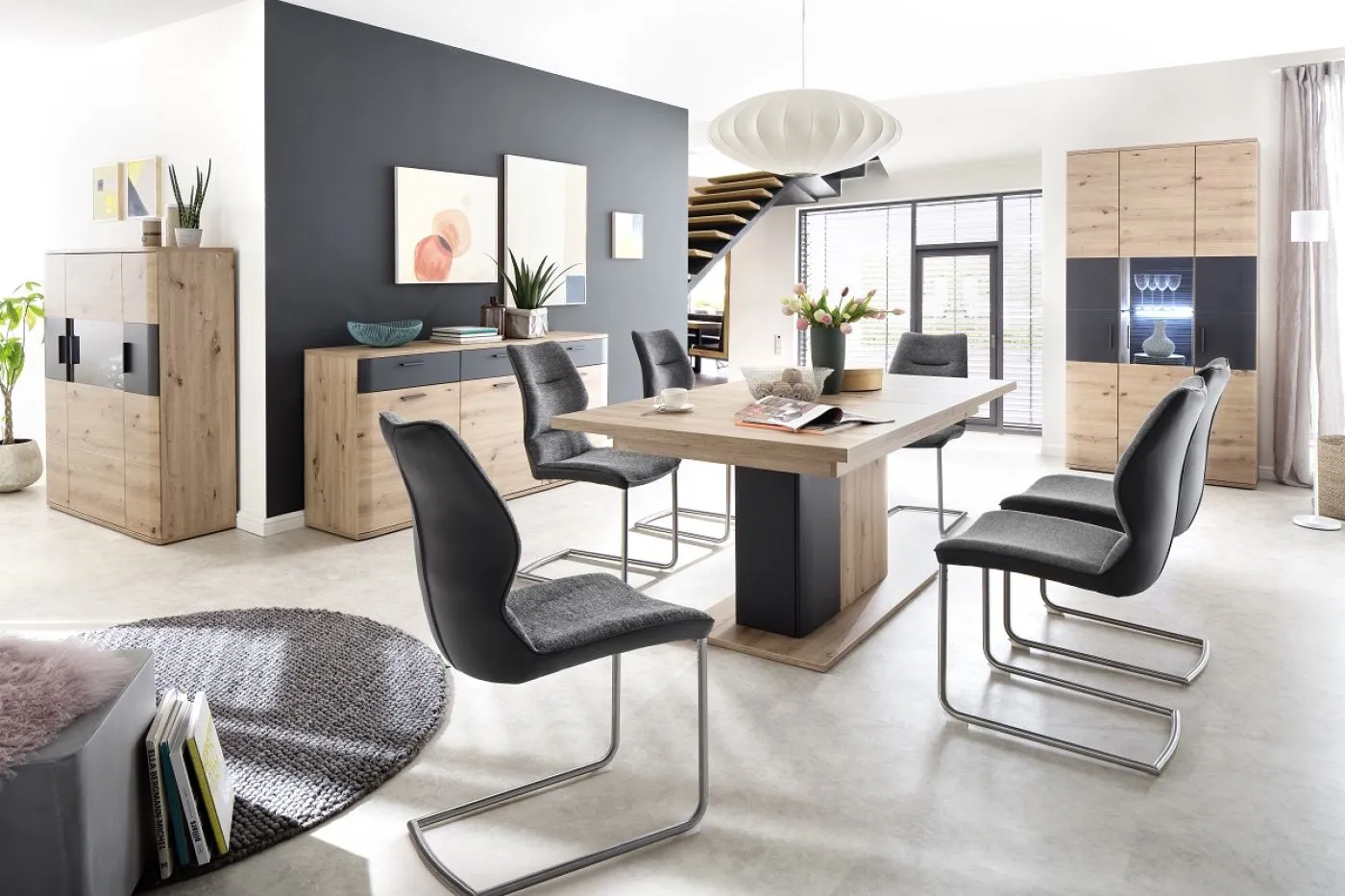 Highboard Cortona | Balkeneiche / anthrazit | ohne Beleuchtung