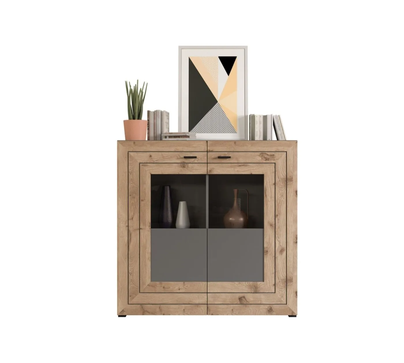 Highboard Freno | grau matt / Nox Oak | mit 3er Set LED Unterbauspot