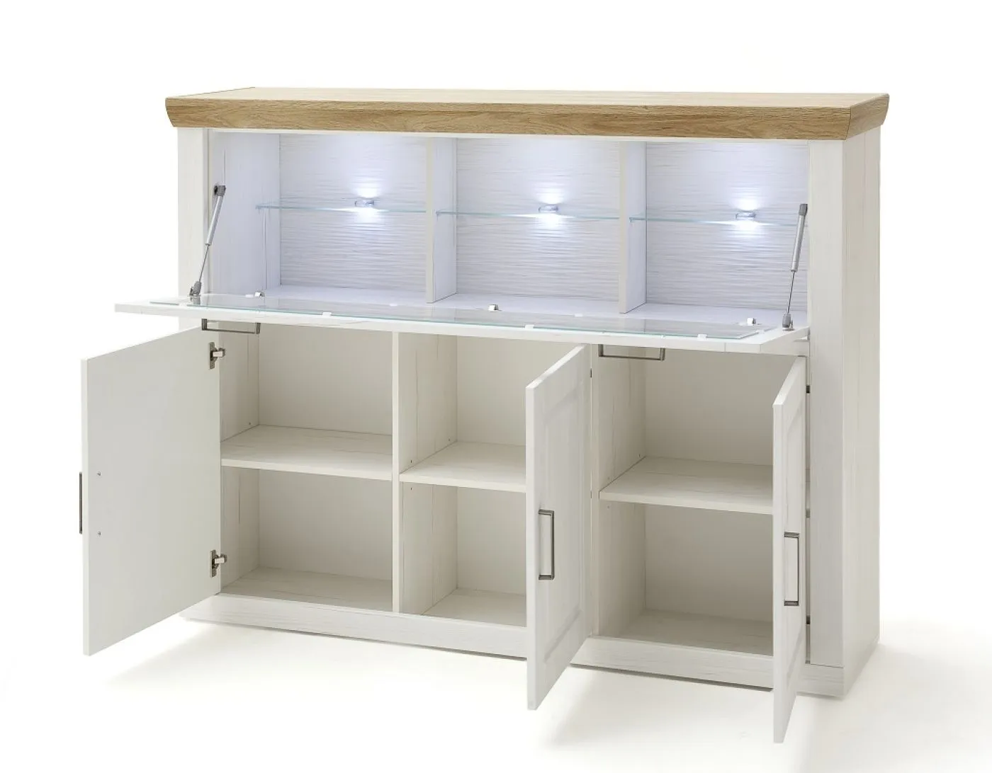 Highboard I Brixen | Landhaus modern | Pinie Aurelio / Grandson Oak mit 3er Set LED Glasbodenclips