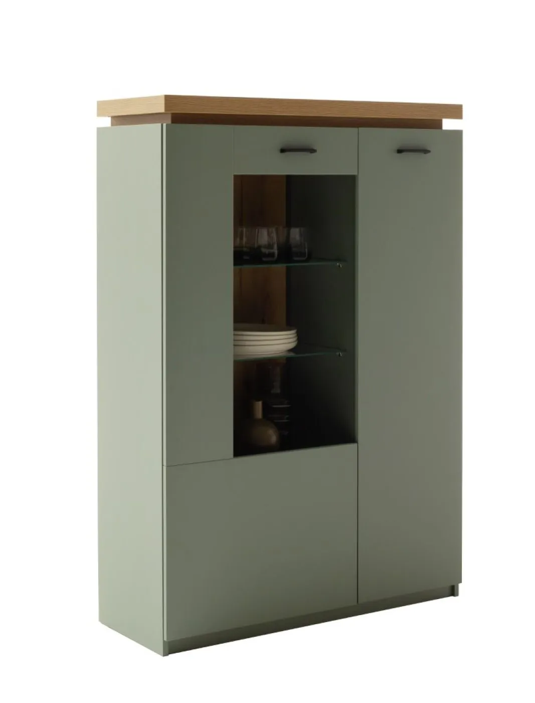 Highboard Moniz 1 | Salbei grün / Eiche Evoke | LED Beleuchtung