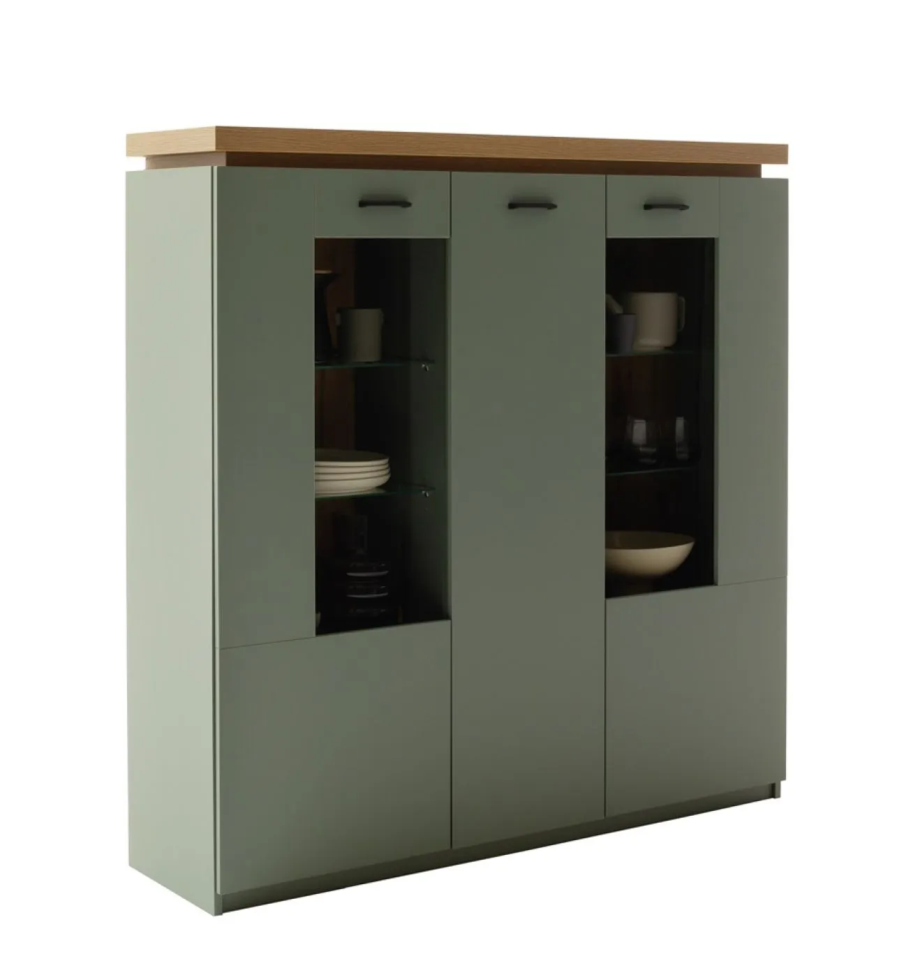 Highboard Moniz | Salbei grün / Eiche Evoke | mit LED Beleuchtung