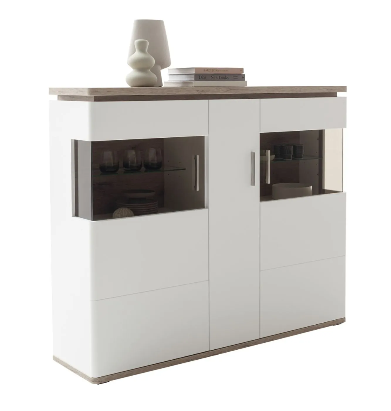Highboard Palermo | Soft white / Viking Oak | LED Beleuchtung