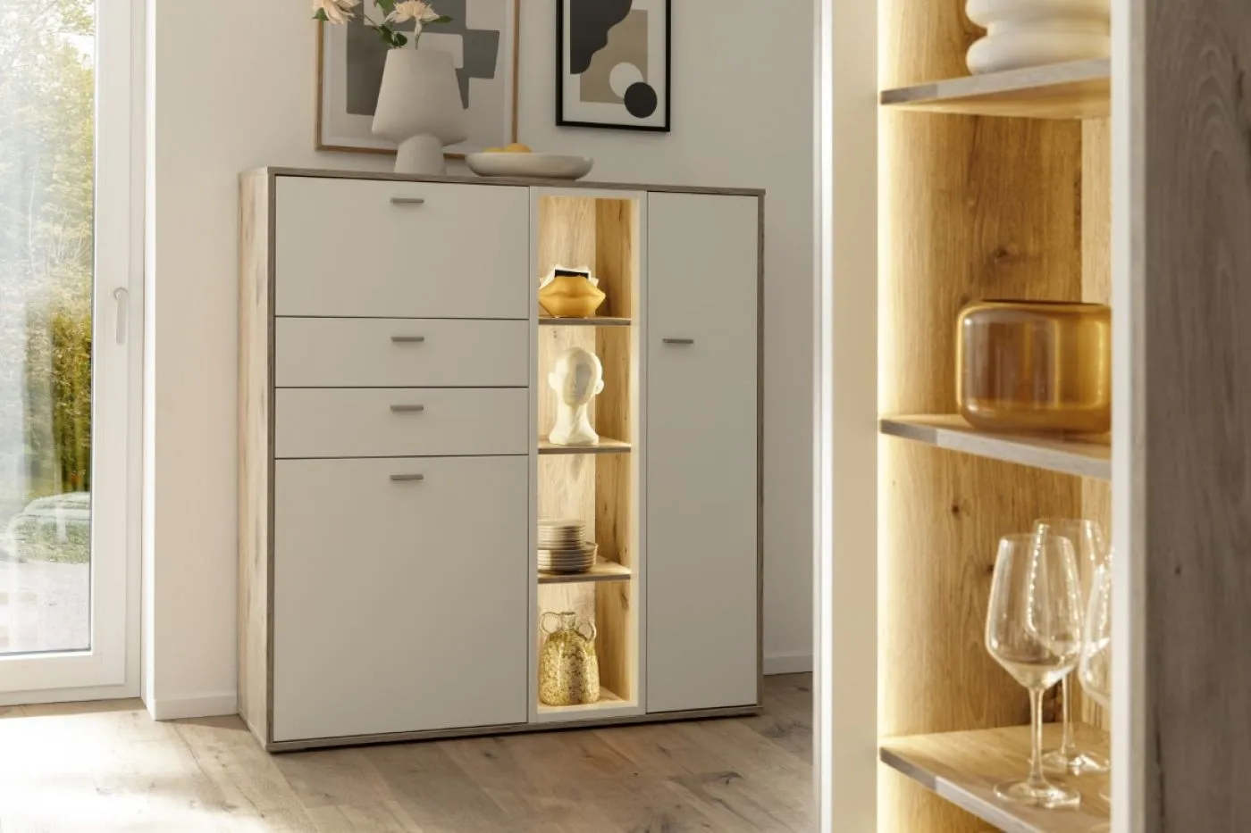 Highboard Santerno | Soft white / Viking Oak | LED Beleuchtung