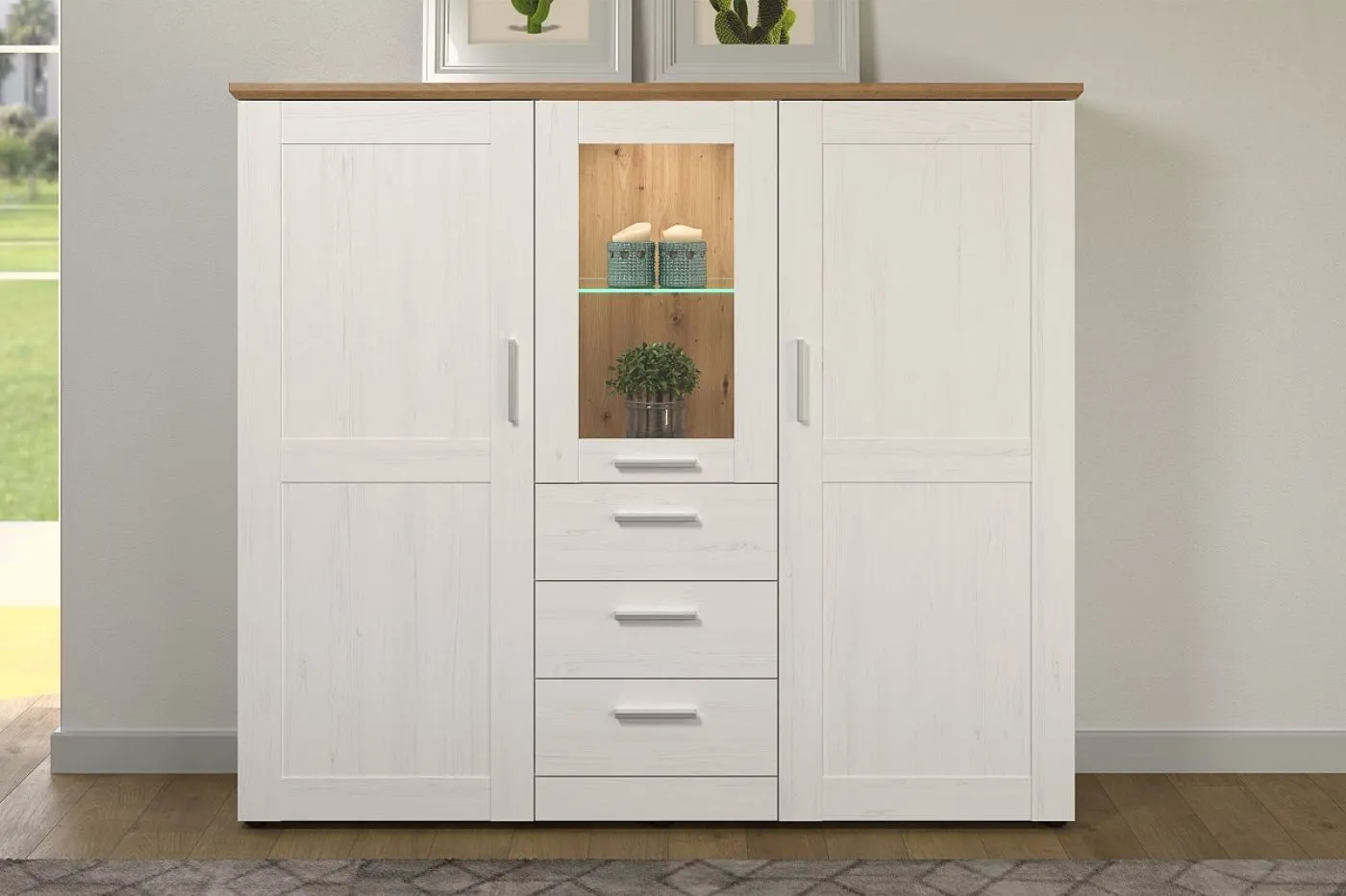 Highboard Shade | Andersen Pinie weiß / Artisan Eiche | Landhausstil | mit 1er Set LED Unterbausspots