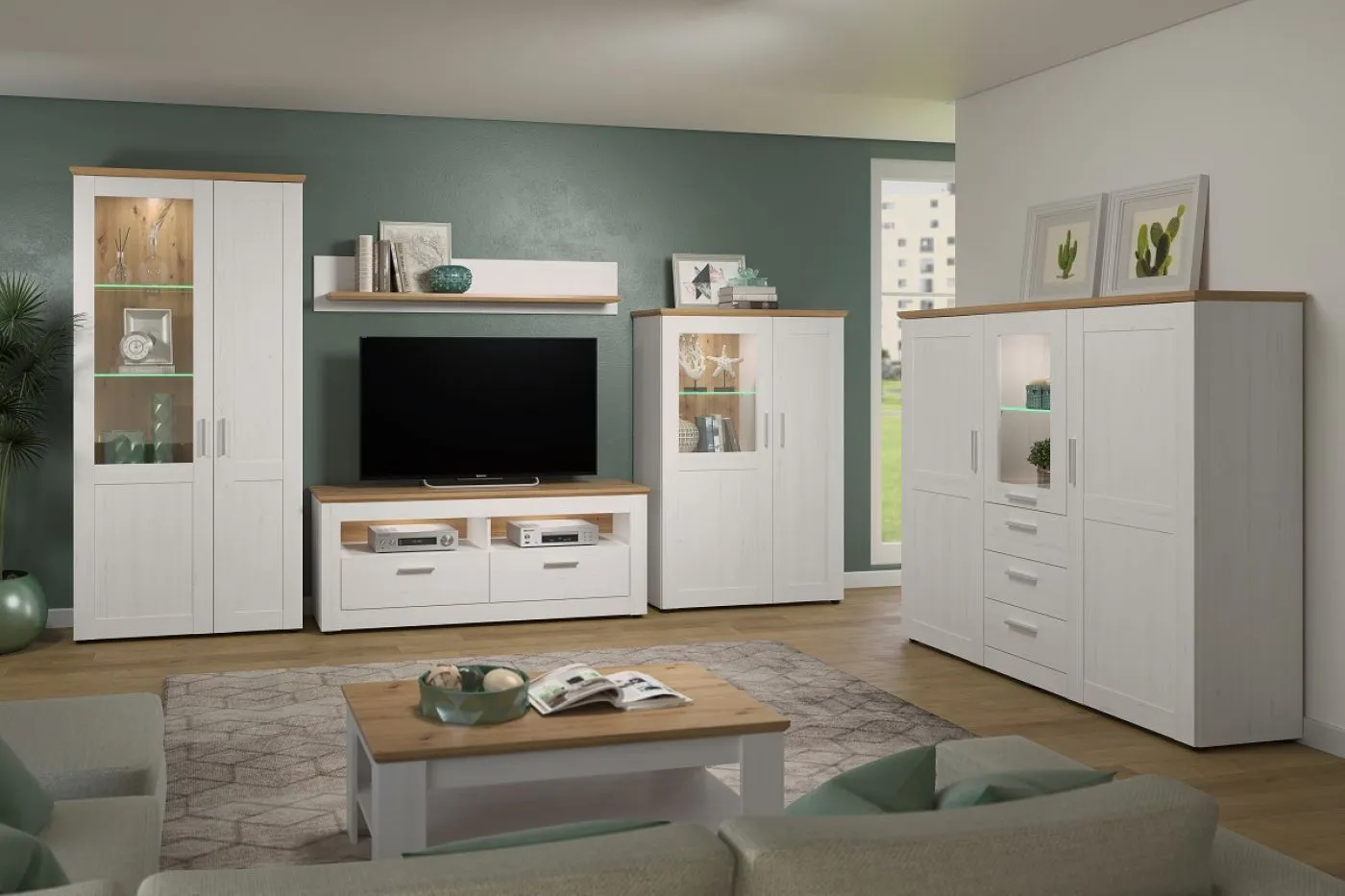 Highboard Shade | Andersen Pinie weiß / Artisan Eiche | Landhausstil | mit 1er Set LED Unterbausspots