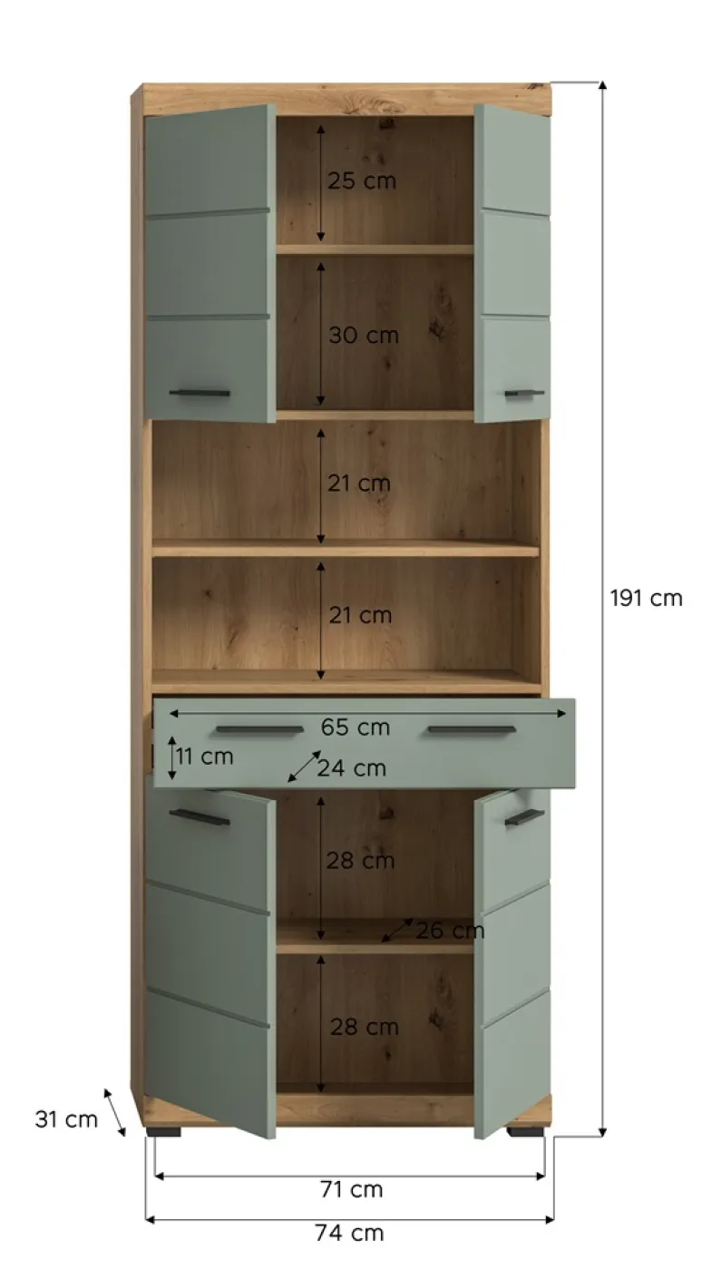 Hochschrank breit Scout | mit Schubkasten | Salbei / Artisan Eiche