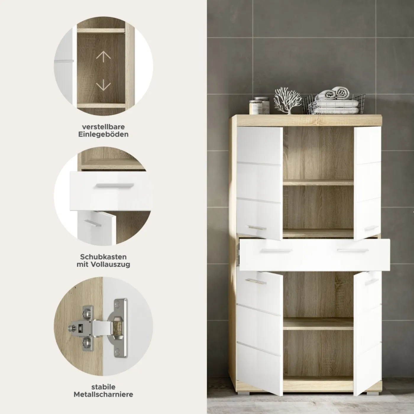Hochschrank klein Lambada | weiß Hochglanz / Sonoma Eiche