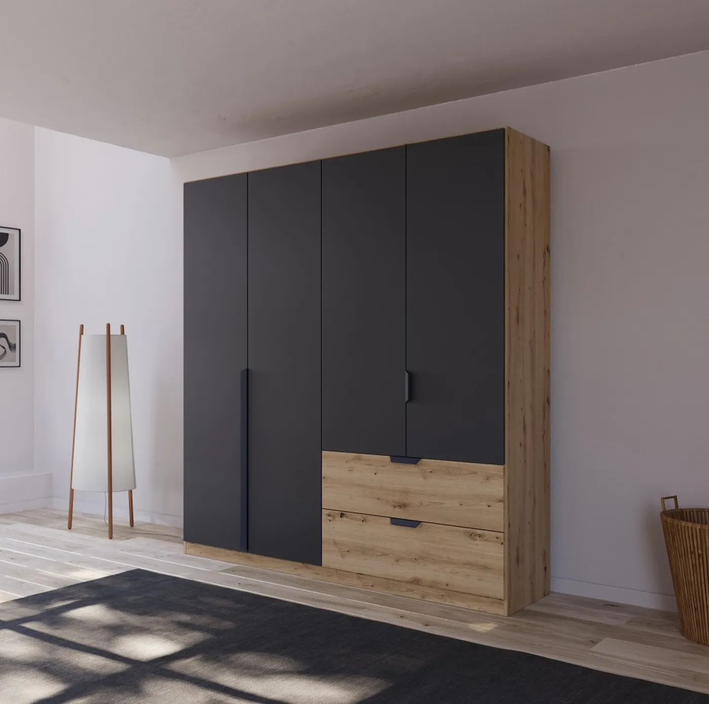 Kleiderschrank Drehtürenschrank Dark&Wood | mit Schubkästen | grau metallic / Eiche Artisan | verschiedene Größen