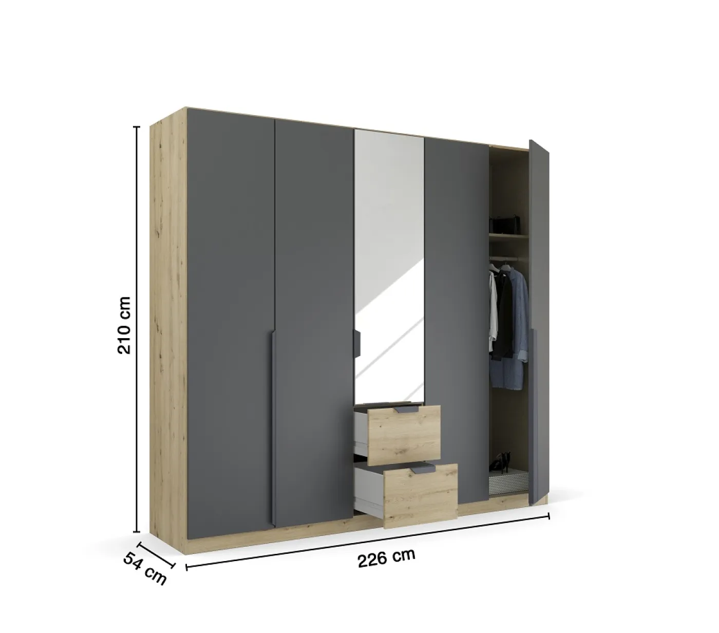 Kleiderschrank Drehtürenschrank Dark&Wood | mit Spiegel & Schubkästen | grau metallic / Eiche Artisan | verschiedene Größen