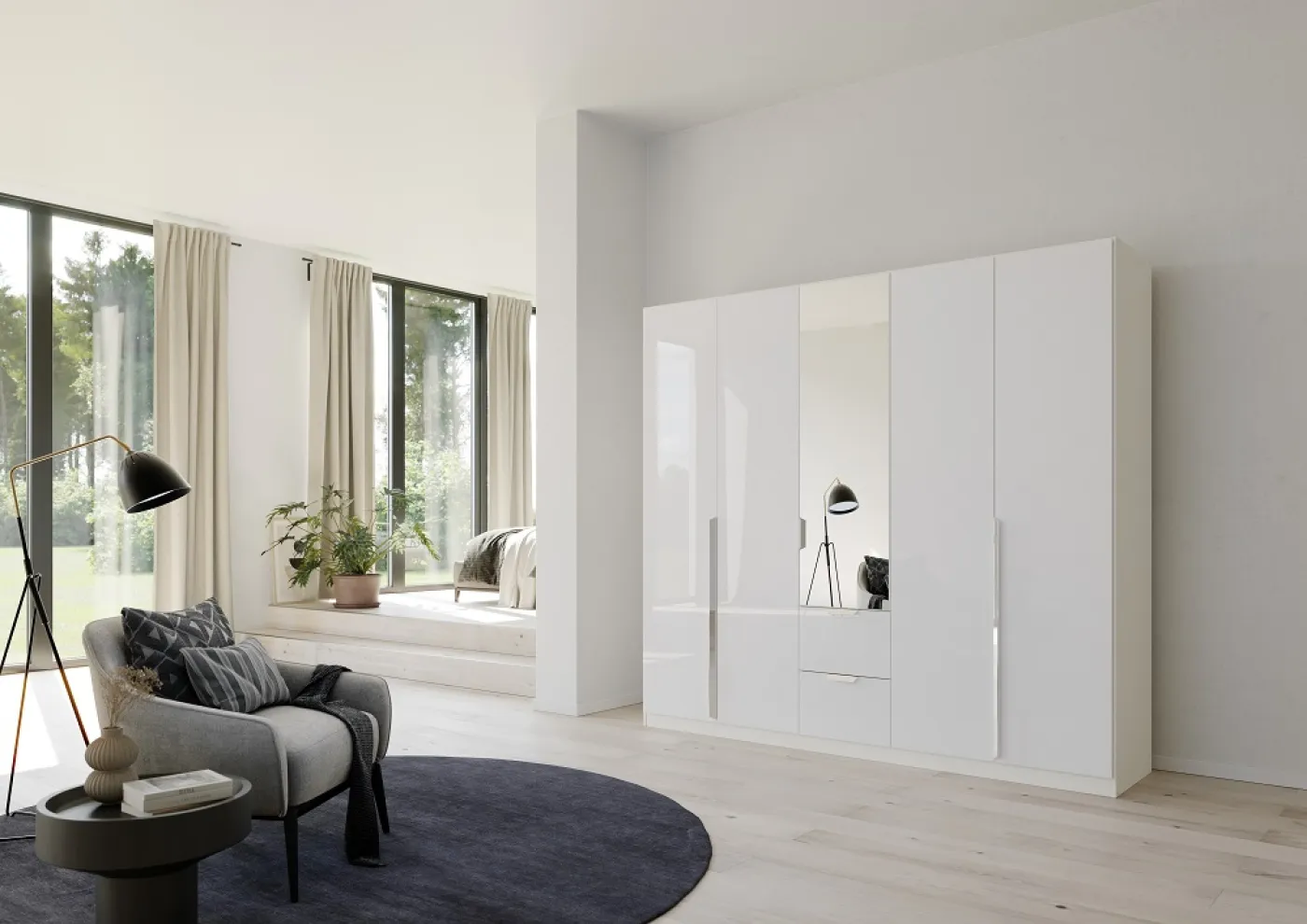 Kleiderschrank Drehtürenschrank Glamour | 5-türig | mit Spiegeltüren & Schubkästen | weiß Hochglanz / alpinweiß | 226x210