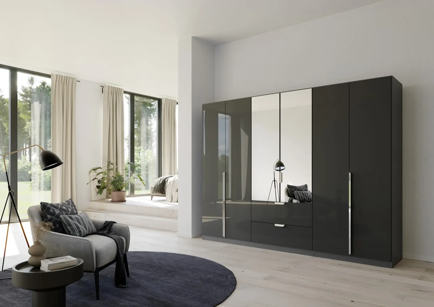 Kleiderschrank Drehtürenschrank Glamour | 6-türig | mit Spiegeltüren & Schubkästen | effektgrau Hochglanz / grau metallic | 271x210