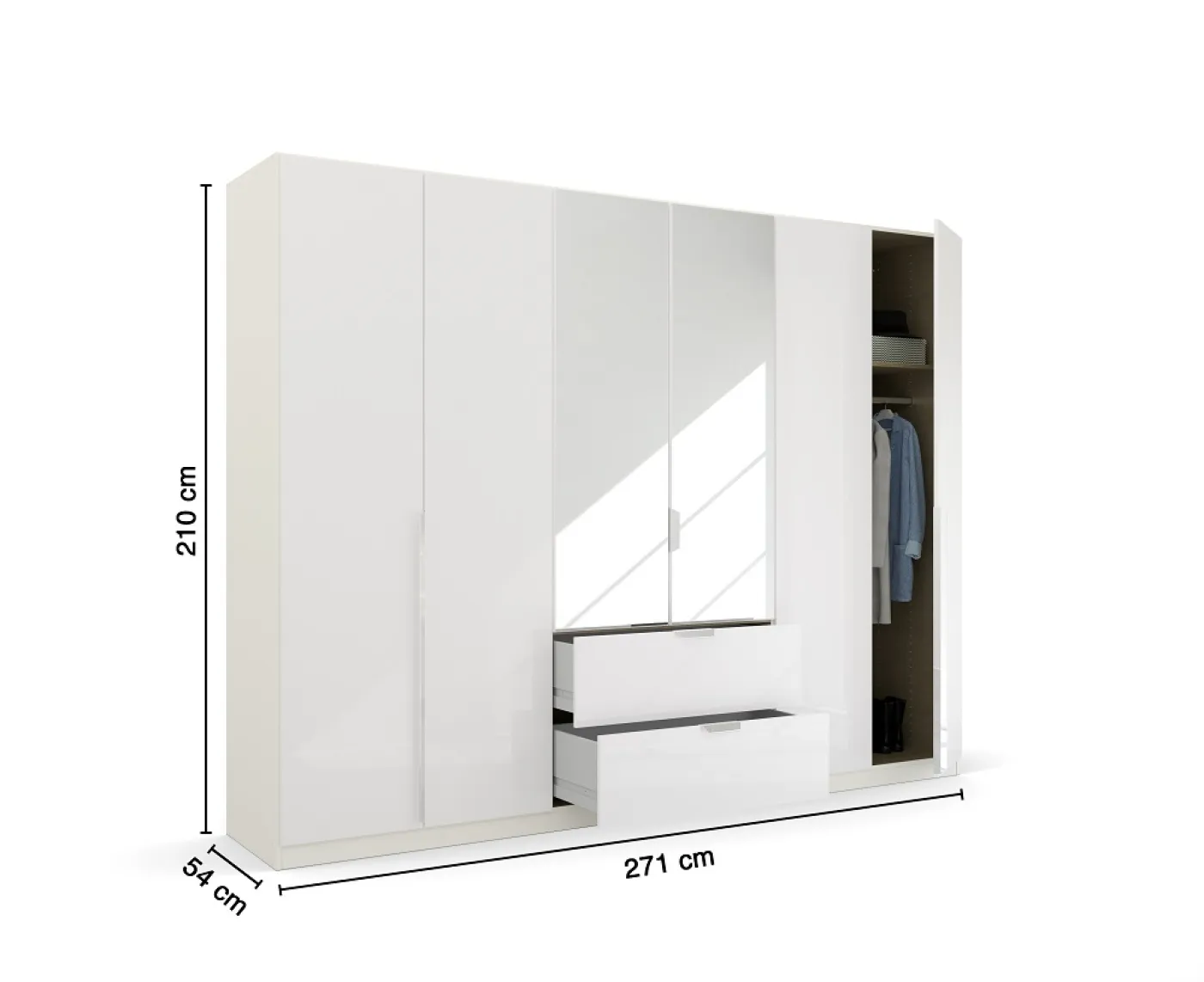 Kleiderschrank Drehtürenschrank Glamour | 6-türig | mit Spiegeltüren & Schubkästen | weiß Hochglanz / alpinweiß | 271x210