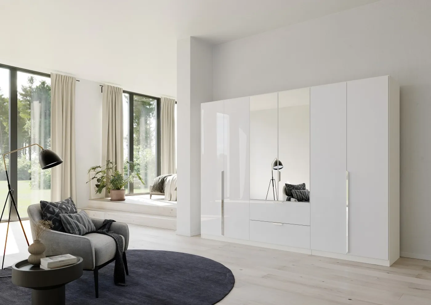 Kleiderschrank Drehtürenschrank Glamour | 6-türig | mit Spiegeltüren & Schubkästen | weiß Hochglanz / alpinweiß | 271x210