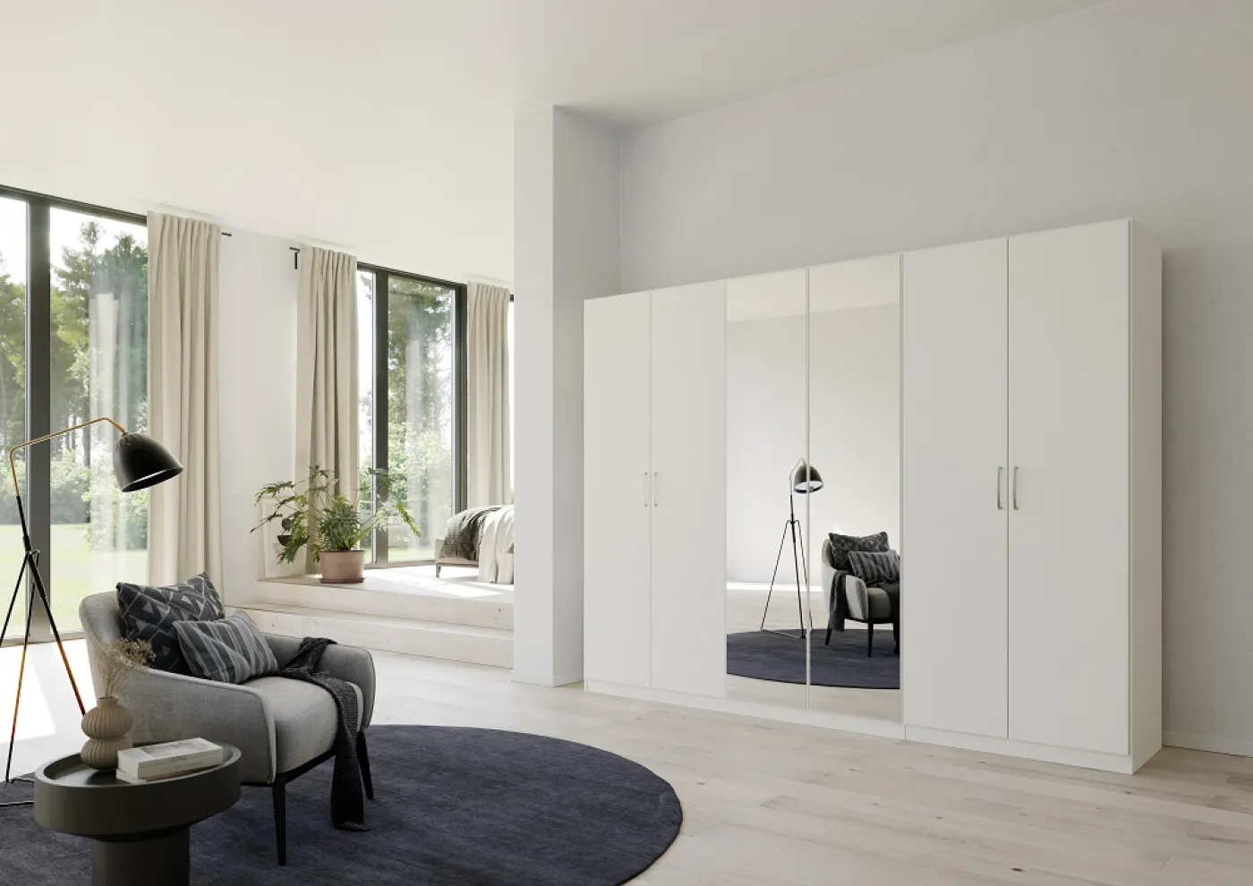 Kleiderschrank Drehtürenschrank Glamour | 6-türig | mit Spiegeltüren | weiß Hochglanz / alpinweiß | 271x210