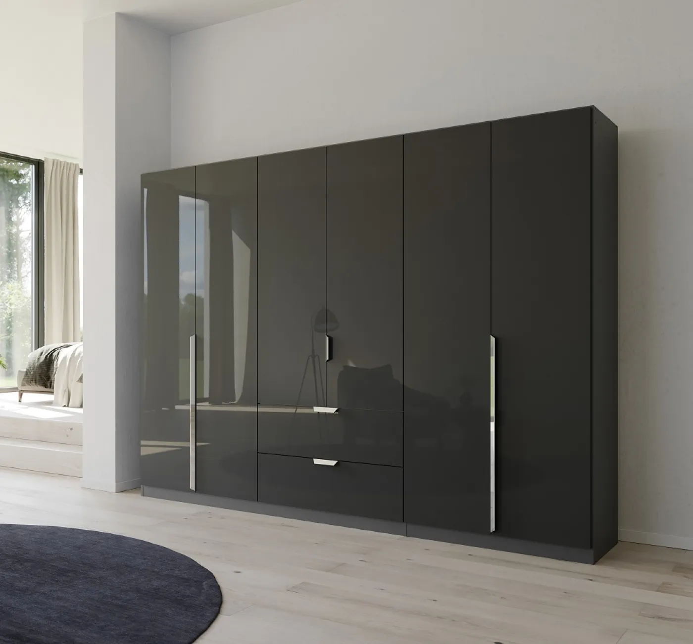 Kleiderschrank Drehtürenschrank Glamour | mit Schubkästen | effektgrau Hochglanz / grau metallic | verschiedene Größen