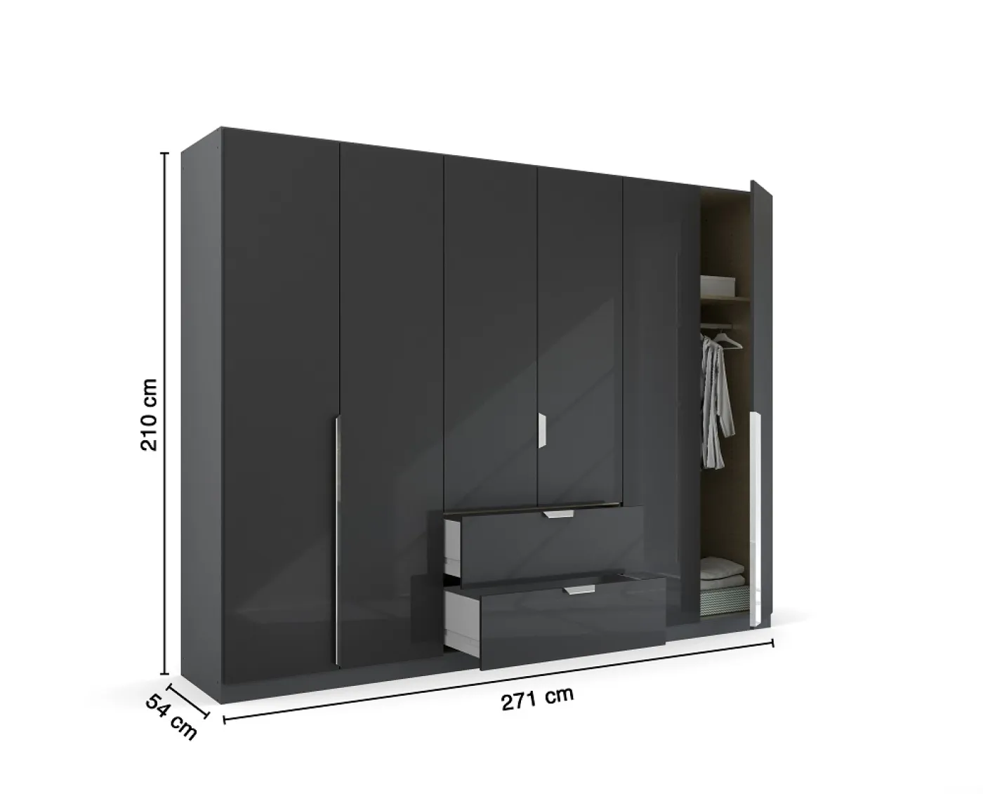 Kleiderschrank Drehtürenschrank Glamour | mit Schubkästen | effektgrau Hochglanz / grau metallic | verschiedene Größen
