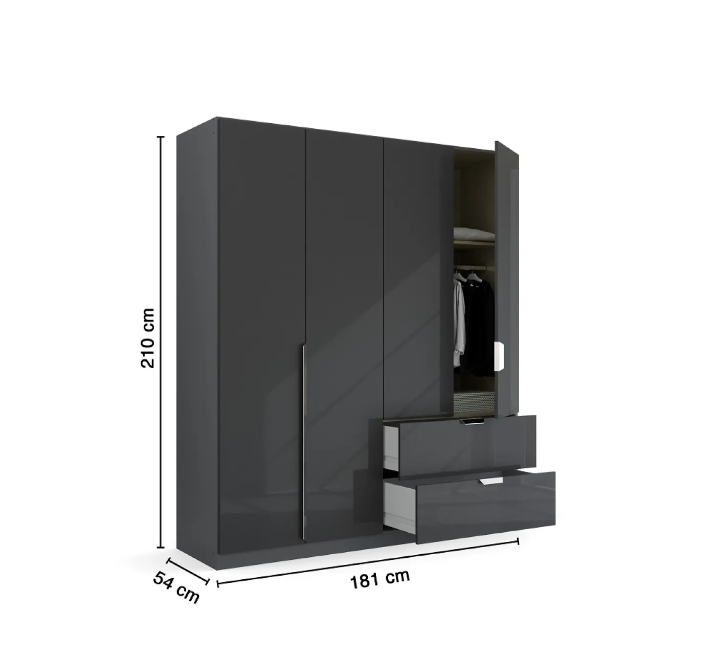 Kleiderschrank Drehtürenschrank Glamour | mit Schubkästen | effektgrau Hochglanz / grau metallic | verschiedene Größen