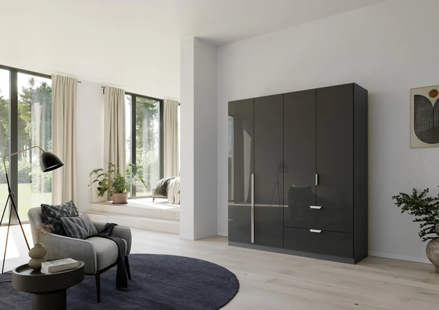 Kleiderschrank Drehtürenschrank Glamour | mit Schubkästen | effektgrau Hochglanz / grau metallic | verschiedene Größen