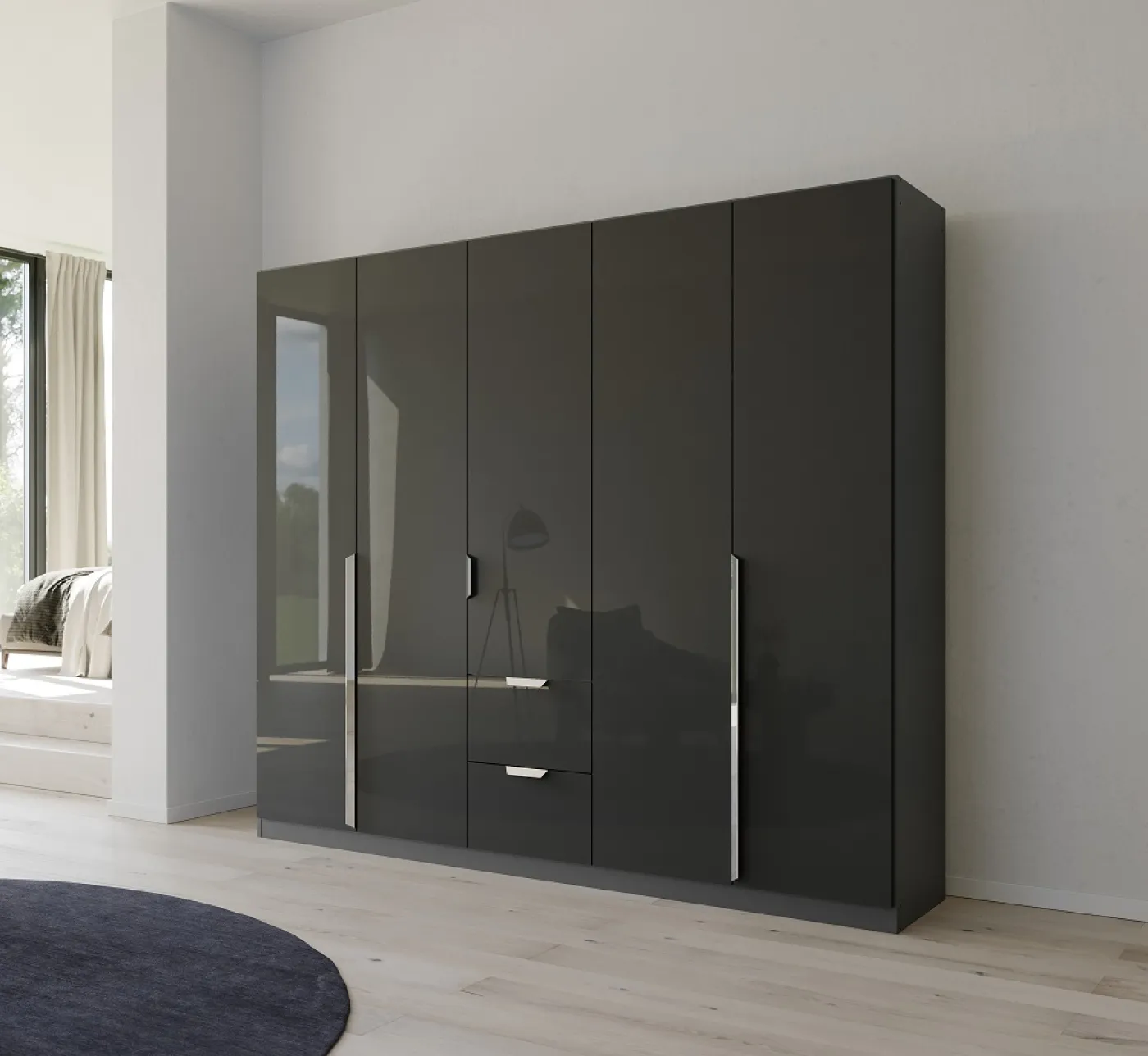 Kleiderschrank Drehtürenschrank Glamour | mit Schubkästen | effektgrau Hochglanz / grau metallic | verschiedene Größen