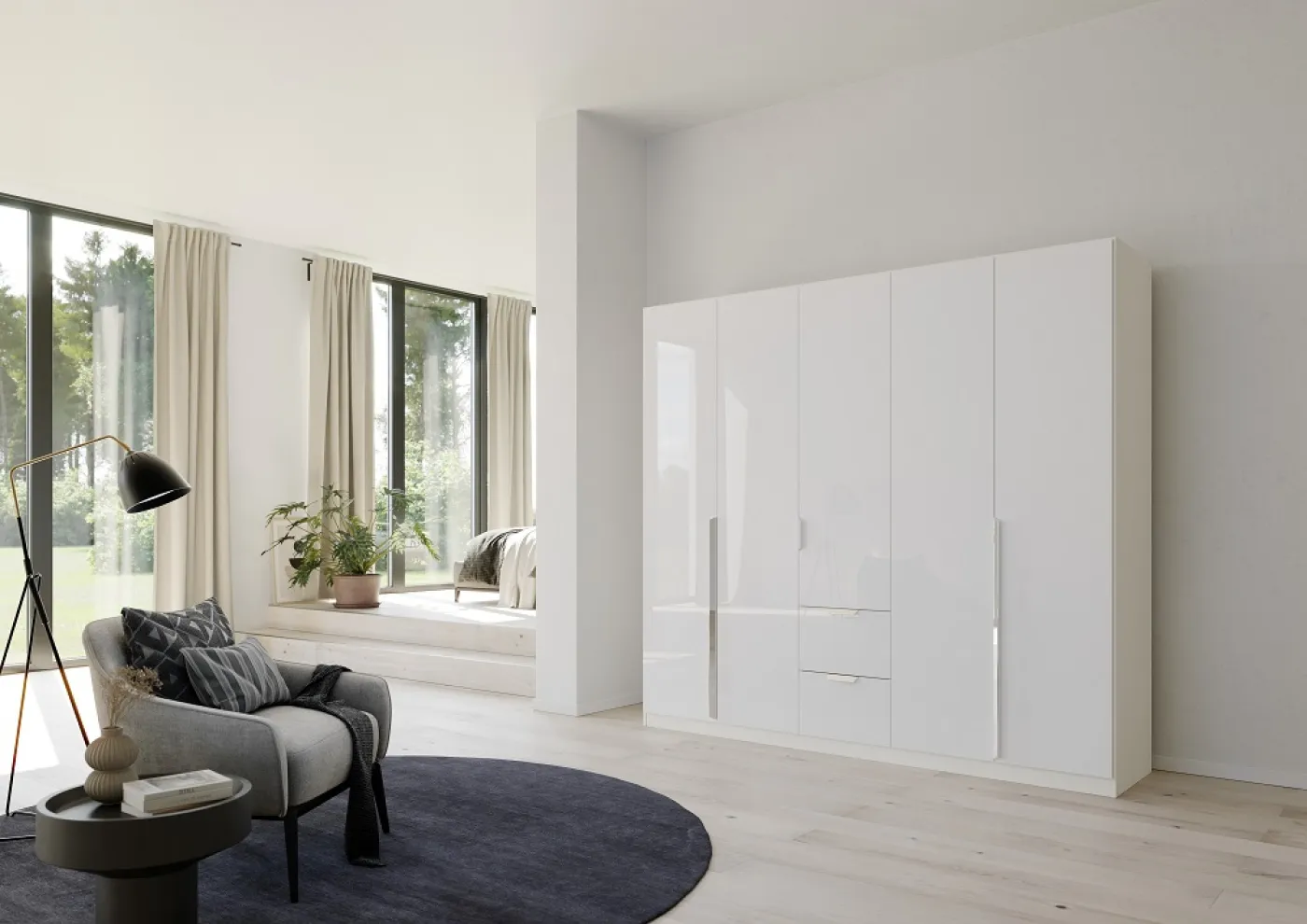 Kleiderschrank Drehtürenschrank Glamour | mit Schubkästen | weiß Hochglanz / alpinweiß | verschiedene Größen