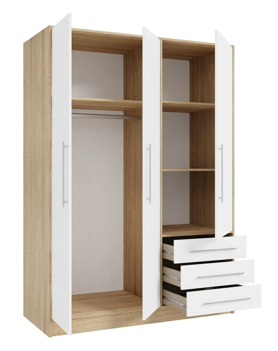 Kleiderschrank Drehtürenschrank Jupp | 3-türig | mit Schubkästen | Sonoma Eiche / weiß | 144,6 x 200 x 60 cm