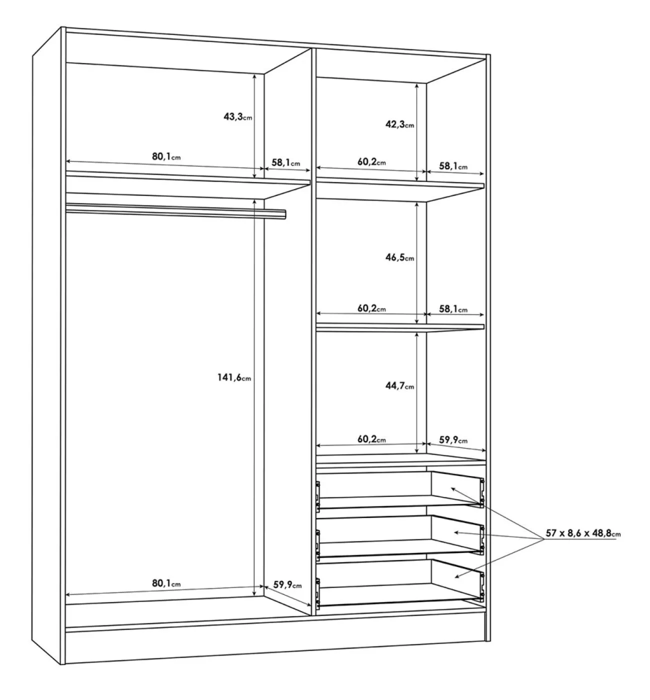 Kleiderschrank Drehtürenschrank Jupp | 3-türig | mit Schubkästen | Sonoma Eiche / weiß | 144,6 x 200 x 60 cm