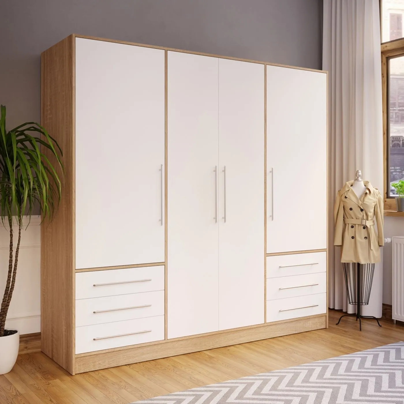 Kleiderschrank Drehtürenschrank Jupp | mit Schubkästen | Sonoma Eiche / weiß | verschiedene Größen
