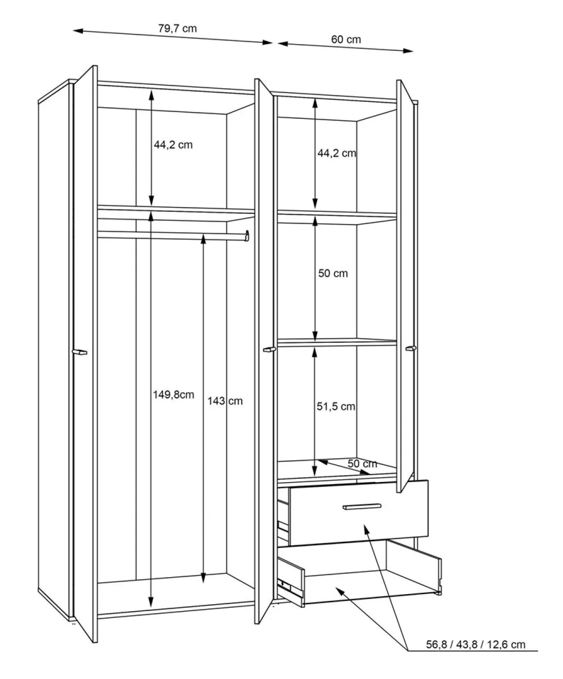 Kleiderschrank Drehtürenschrank Mokko | 3-türig | mit Schubkästen | weiß