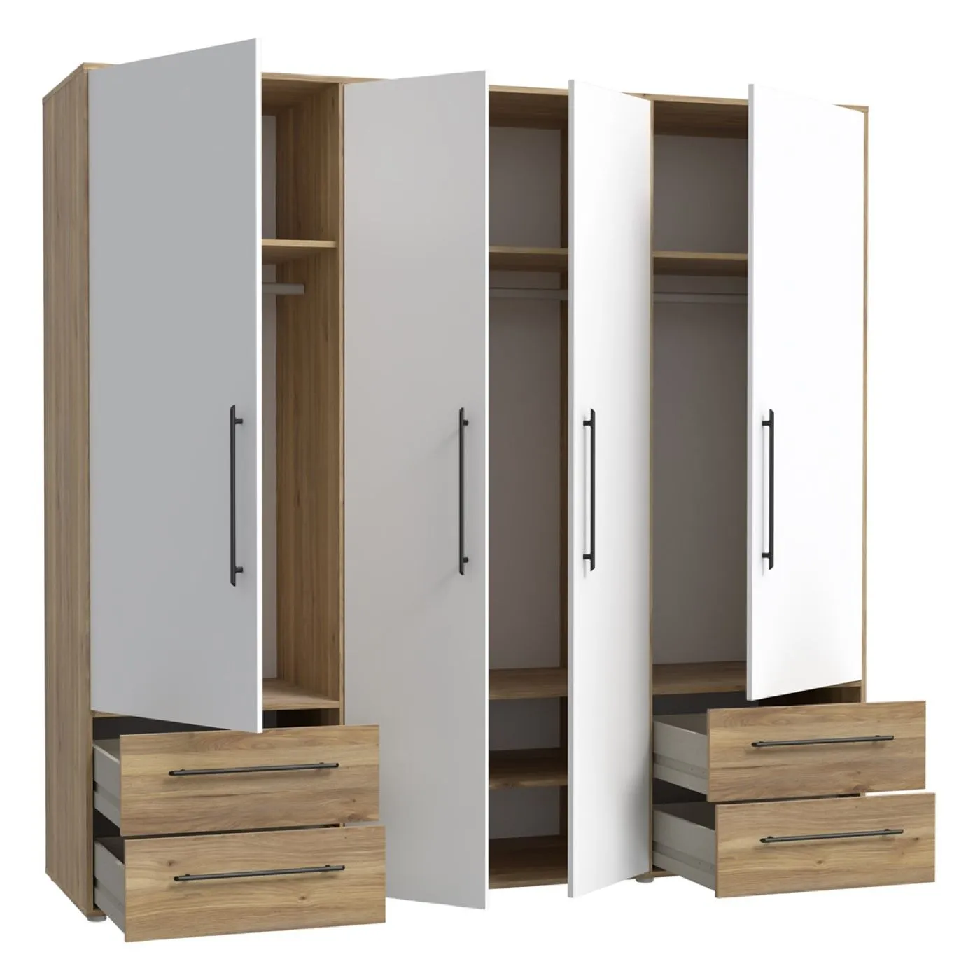 Kleiderschrank Drehtürenschrank Mokko | 4-türig | mit Schubkästen | Mauvella Eiche / weiß