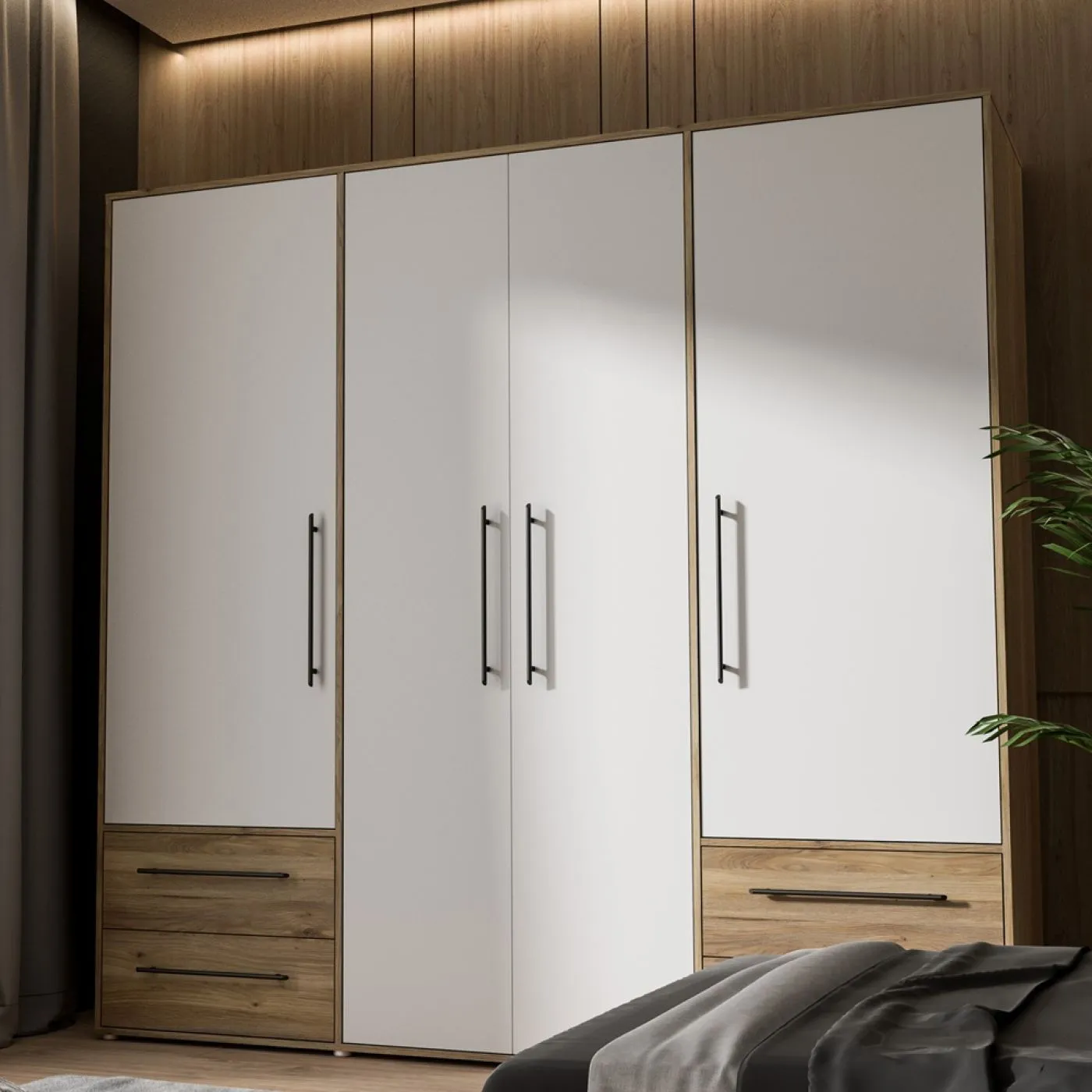 Kleiderschrank Drehtürenschrank Mokko | 4-türig | mit Schubkästen | Mauvella Eiche / weiß