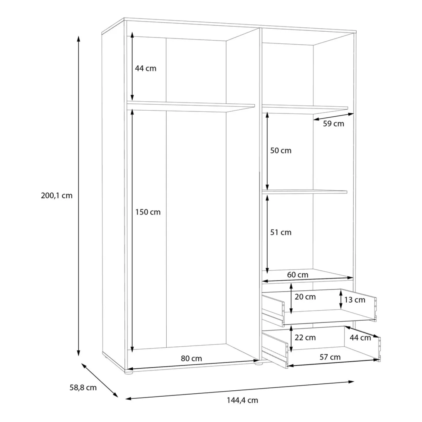 Kleiderschrank Drehtürenschrank Mokko | mit Schubkästen | Betonoptik Lichtgrau / weiß | 144,4 x 200 x 59 cm