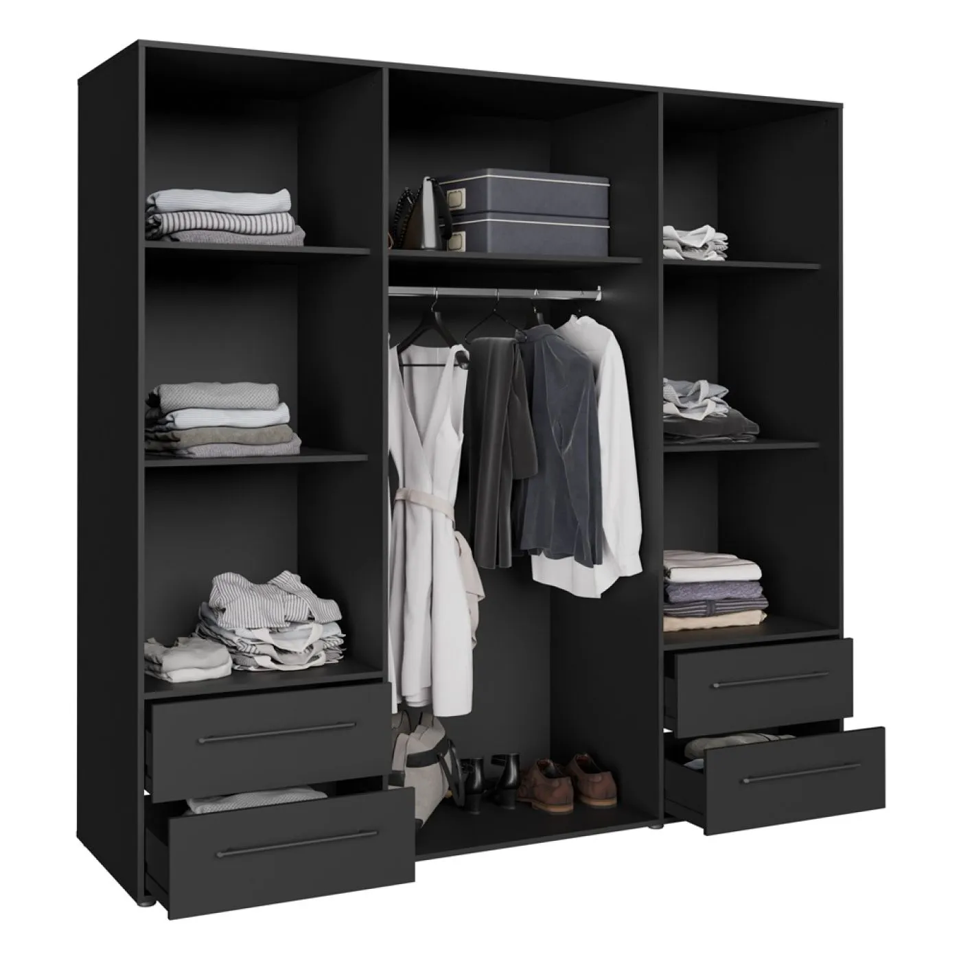 Kleiderschrank Drehtürenschrank Mokko | mit Schubkästen | schwarz | 206 x 200 x 59 cm