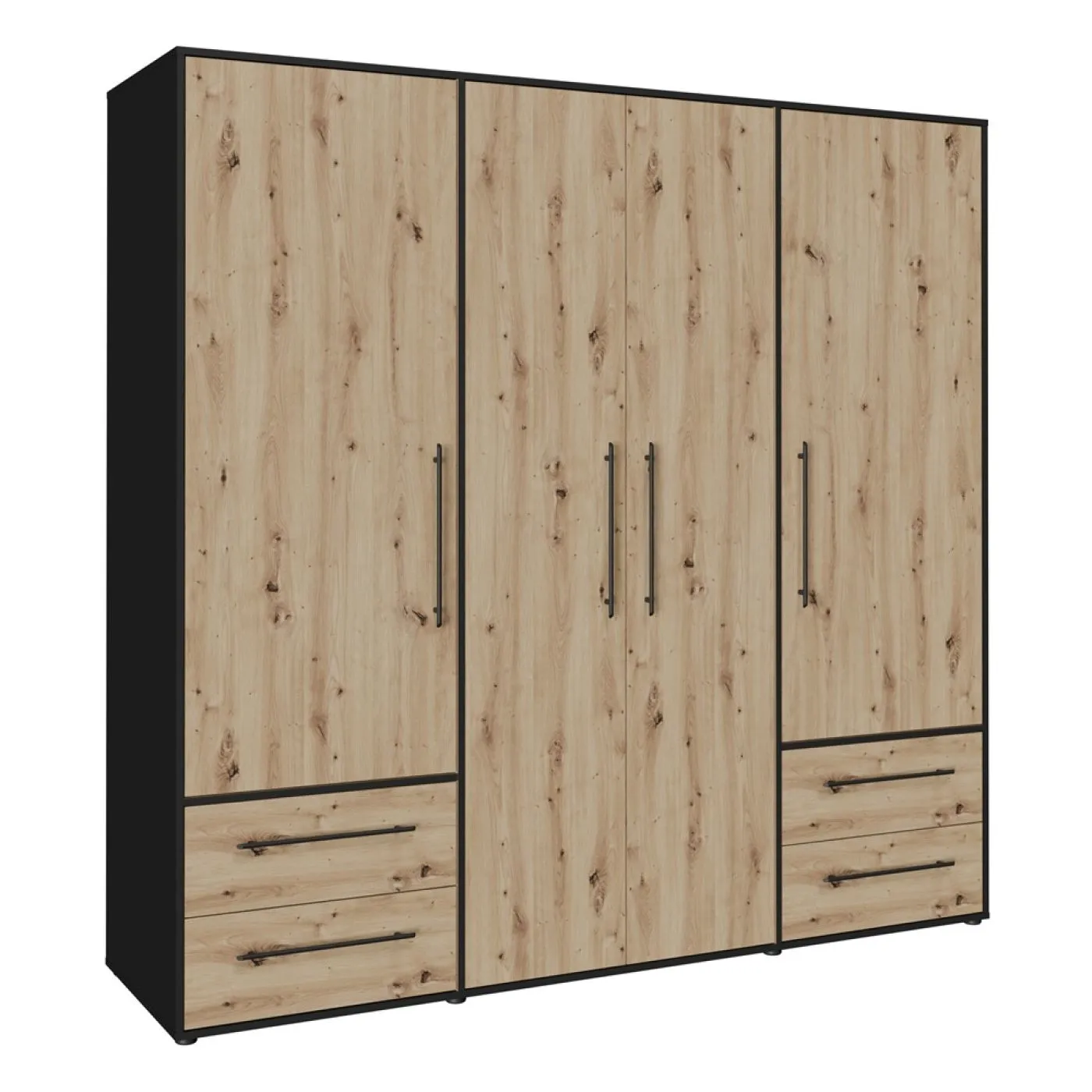 Kleiderschrank Drehtürenschrank Mokko | mit Schubkästen | schwarz / Artisan Eiche | 206 x 200 x 59 cm