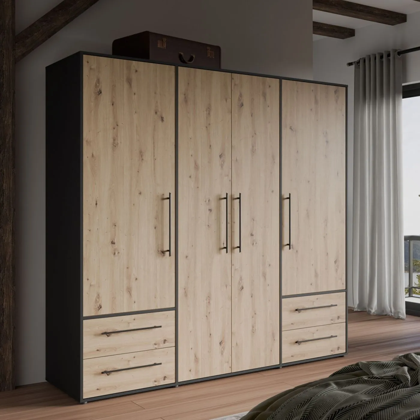 Kleiderschrank Drehtürenschrank Mokko | mit Schubkästen | schwarz / Artisan Eiche | 206 x 200 x 59 cm