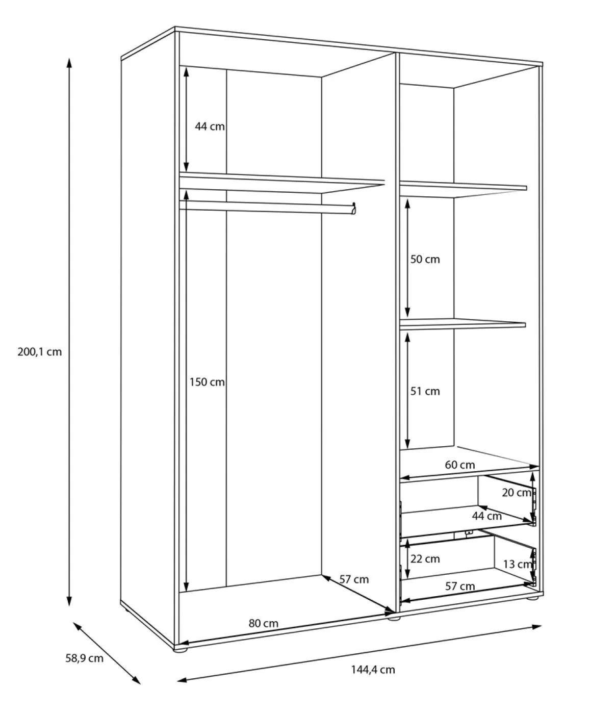 Kleiderschrank Drehtürenschrank Mokko | mit Schubkästen | schwarz | verschiedene Größen